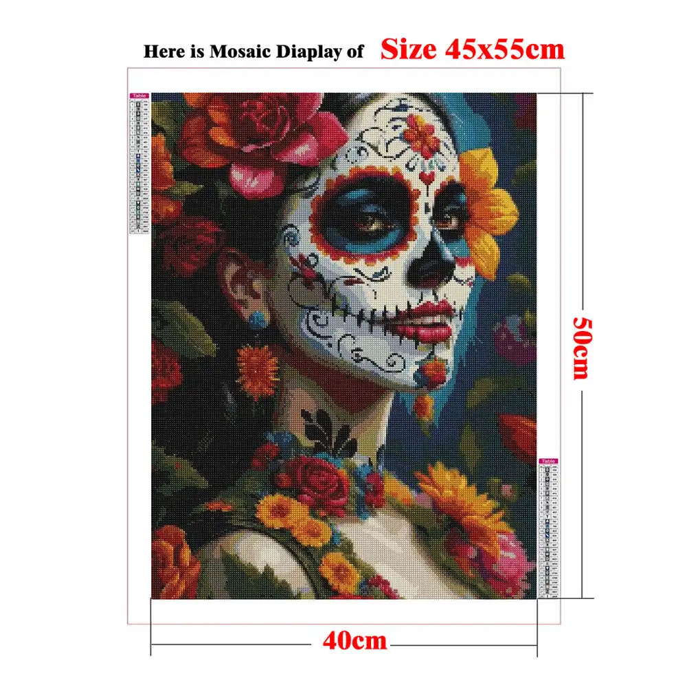5D DIY Sugar Skull Female Skeleton Wearing Flowers Diamond Painting Kit, Diamond Mosaic Art Gift Pintura Diamante Calavera