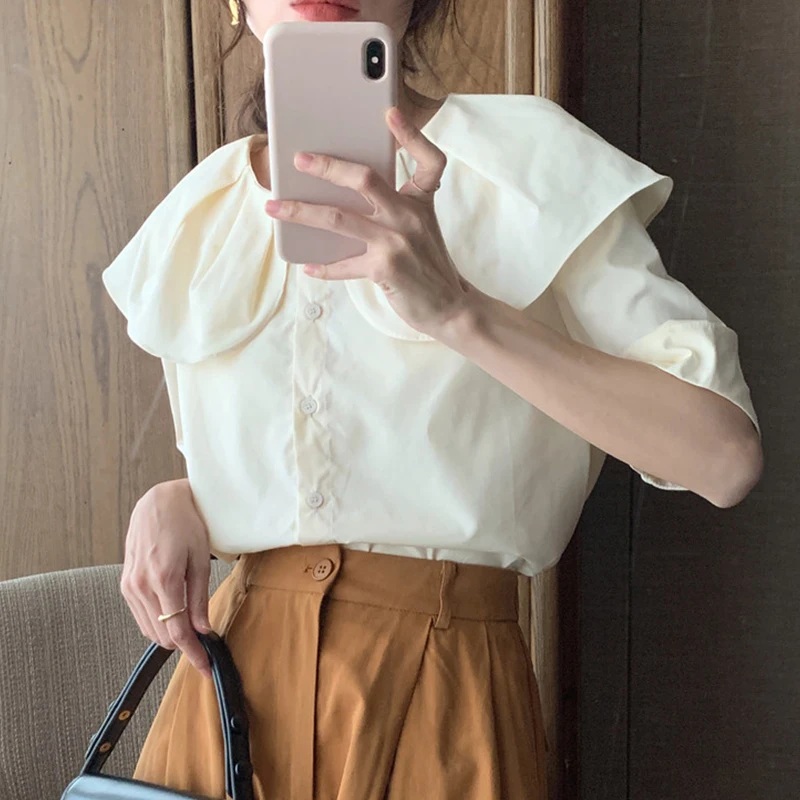 

Chic Summer Gingham Pleated Design Loose Versatile Single Button Casual ort Sve irt Doll Collar Sli Versatile Fit