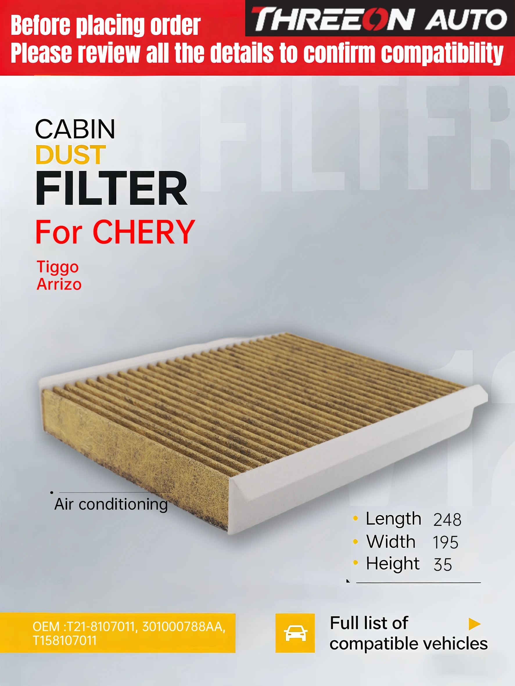 For CHERY TIGGO 3 3PRO TIGGO 7 TIGGO 8 8 PRO Activated Carbon Air Cabin Filter T218107011 301000788AA CU25040 MK9633P