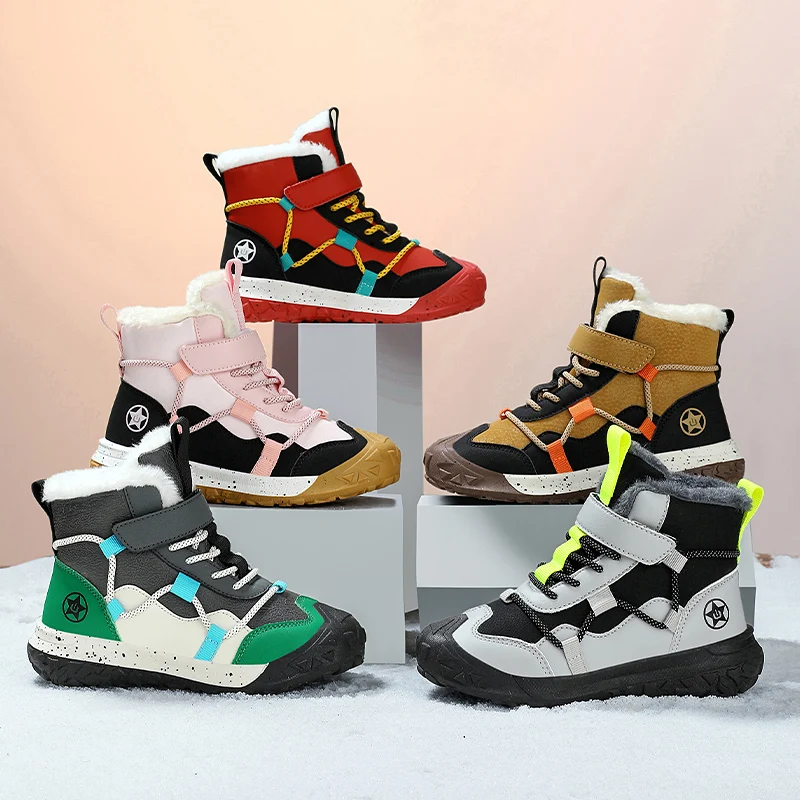 

Kids Winter Snow Boots Warm Fleece Waterproof Outdoor Shoes Design Anti Slip Sole for Boys Girls Children Plush Sneaker Warm