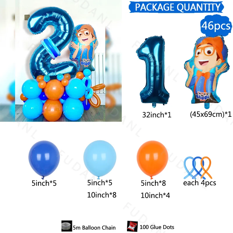 46pcs Blippi Theme Birthday Balloon Column Set Orange Blue Latex Balloons Boy Baby Shower Globos Birthday 1Year Old Party Decors