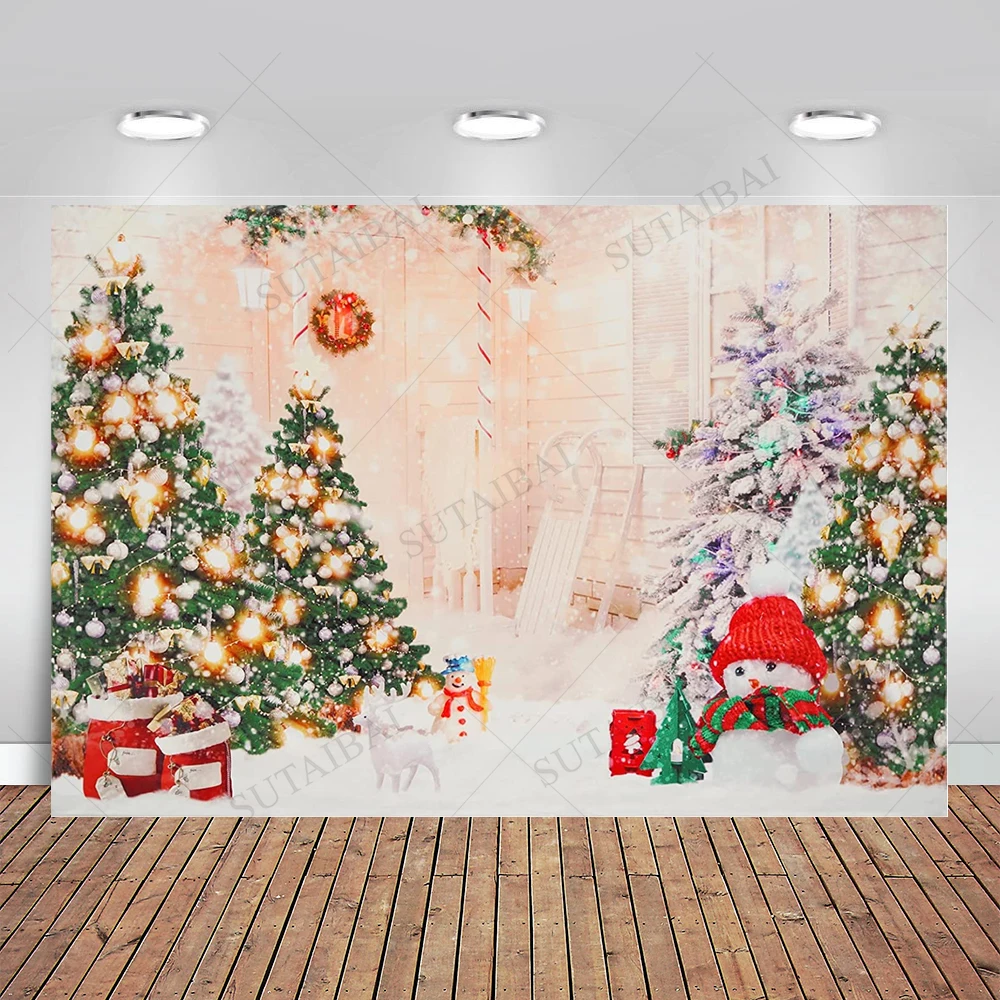 

Christmas Winter Backdrop White Snow Cottage Tree Photography Backdrop Snowman Reindeer Xmas Backdrops for Photo Studio Party