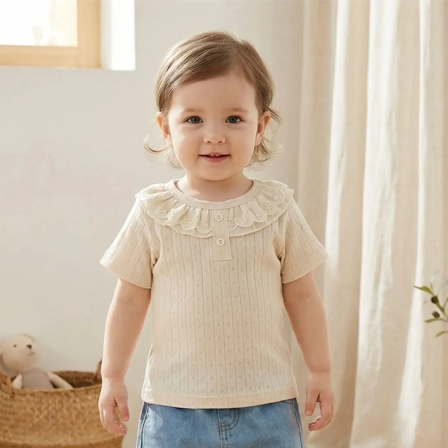 

6M-3Y New Summer Cotton Children T-shirt Lace Ruffle Collar Short Sleeve Top For Girls Breathable Kids Clothes Daily