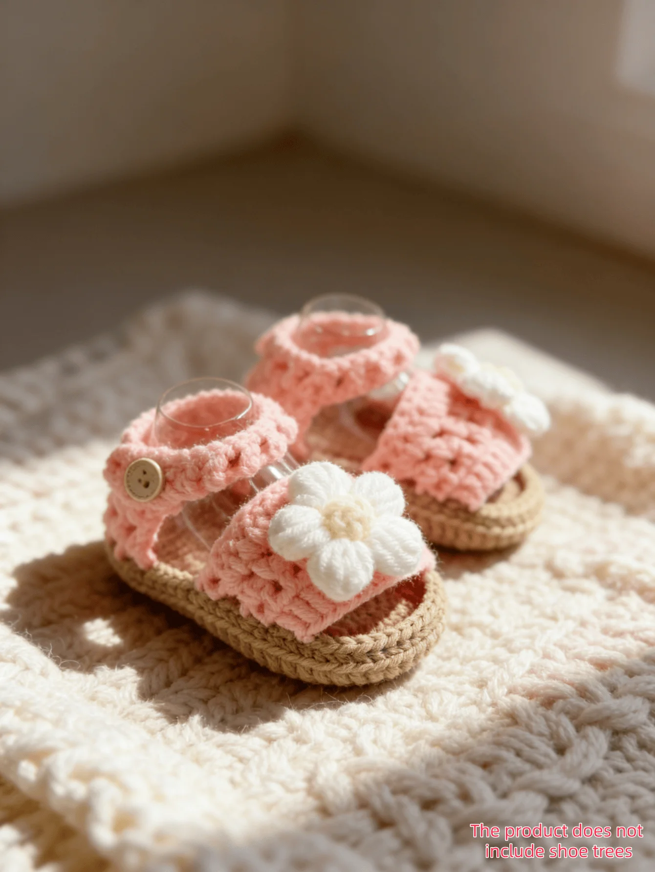 1 Pair Handmade Crochet Baby Girl Sandals, Pink with White Flower Accent, Knit Booties for Infants