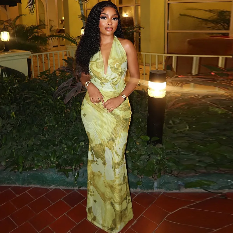 Vestidos largos ajustados con cuello Halter y estampado de moda para mujer, vestido Sexy elegante a la cadera con cola de pez, Vestidos de fiesta para graduación, nueva mujer