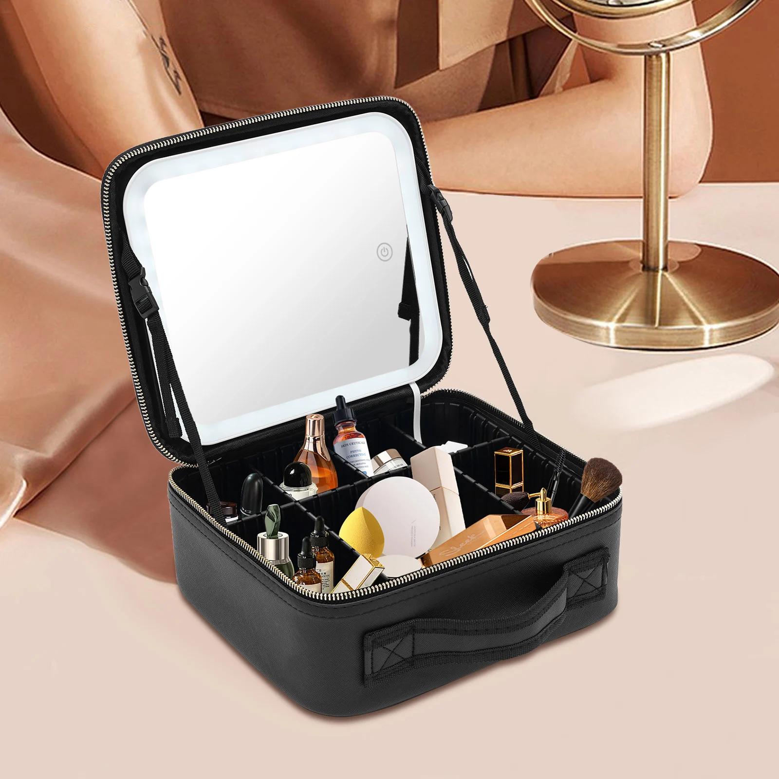 Travel Makeup Bag with LED Mirror, Organiser Case with Adjustable Compartment - Portable Lighted Cosmetic Storage