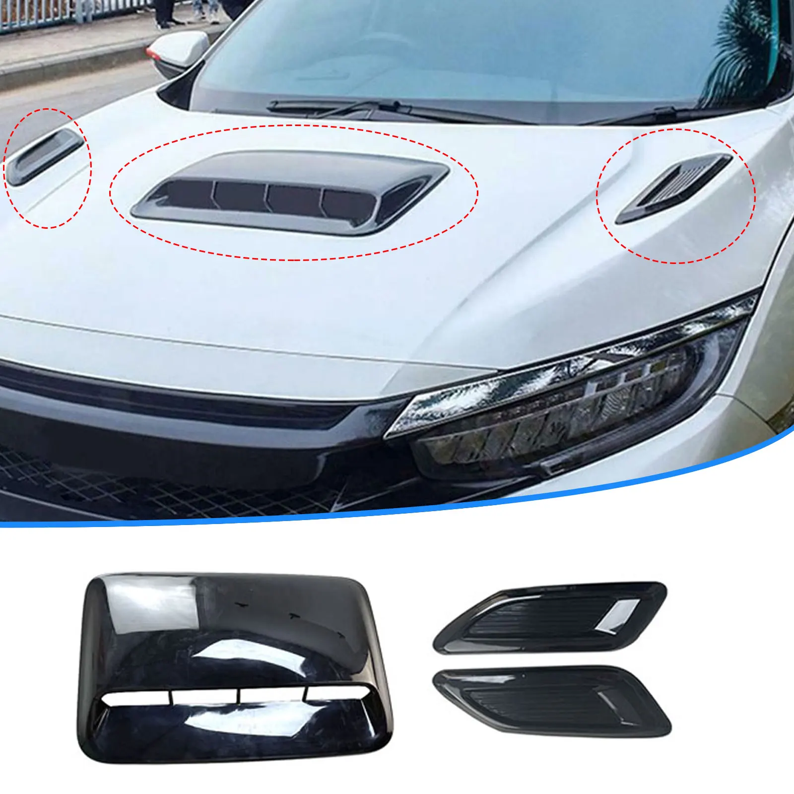 

3PCS Car Air Flow Intake Hood Scoop Vent Bonnet Decorative Cover Center Side Air Outlet Hood Universal Auto Exterior Accessories