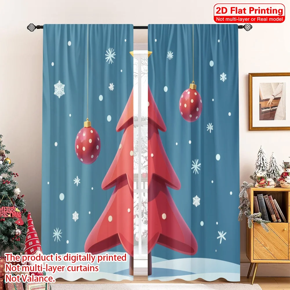 

2pcs 2D flat printing Merry Christmas Window Drapes Red Christmas Tree Baubles Polyester Without Electricity Birthday Party for