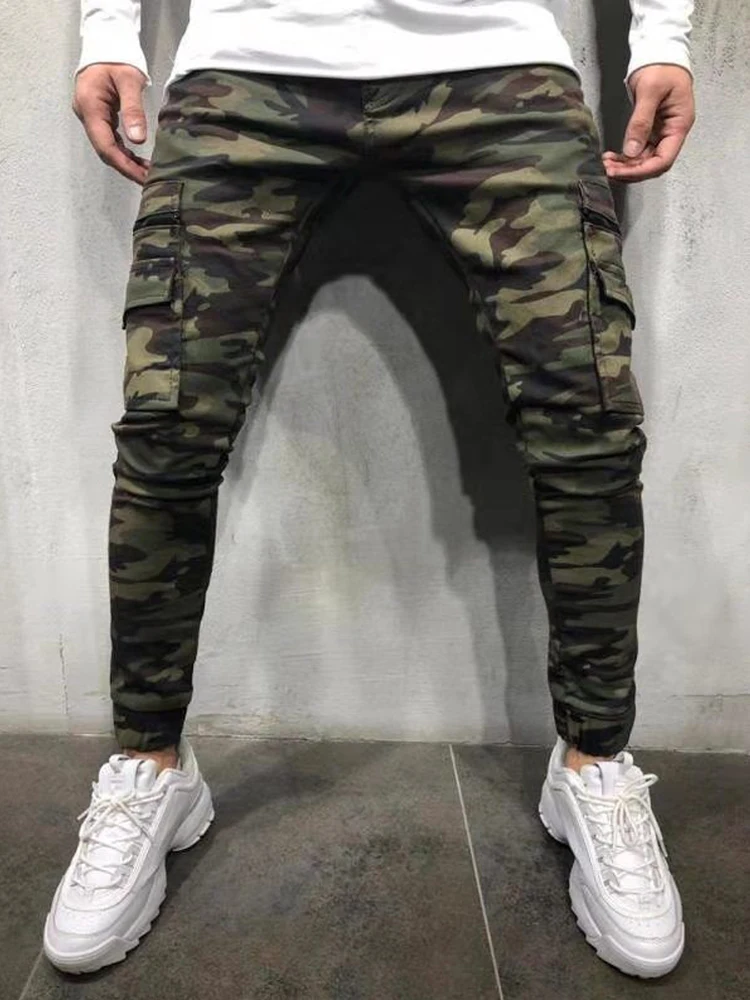 Hoge Kwaliteit Heren Stretch Camouflage Biker Jeans Casual Denim Cargo Broek Heren Slim-Fit Multi-Pocket Joggingbroek