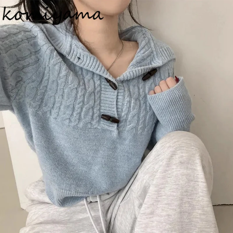 

Moda Twist Knitted Ropa Mujer Horn Button Sweater Hooded Long Sleeve Clothes Woman Autumn Winter Pull Soft All-match Tops