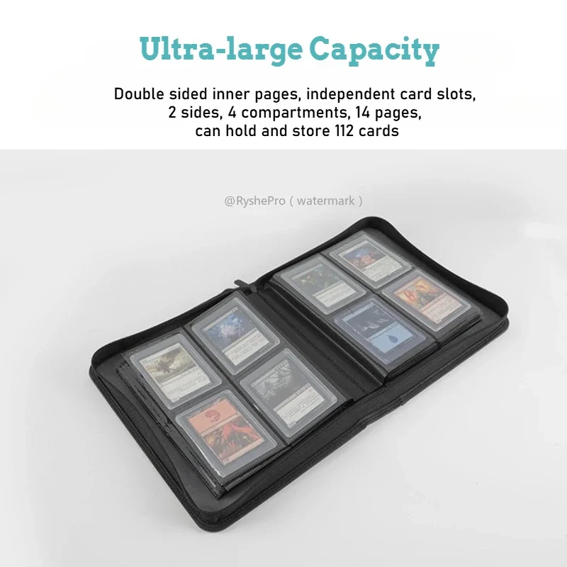Pasta de cartão toploader de 4 bolsos contém 112 + livro de suporte de cartão de couro pu para cartão rígido de 3 "x 4", bolsos laterais duplos para mtg ptcg