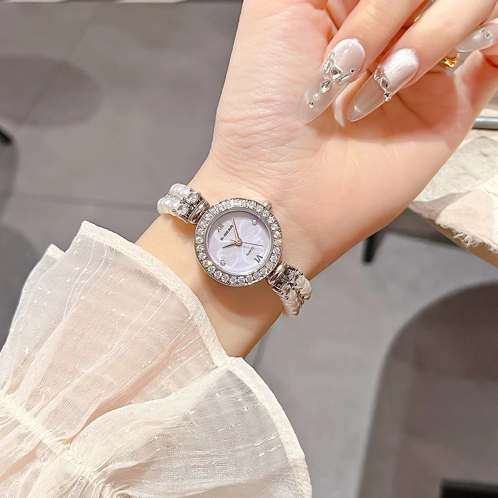 Fashion Women's Casual Quartz Watch with Imitation Pearl Bracelet Circular Alloy Case Elegant Timepiece for Ladies