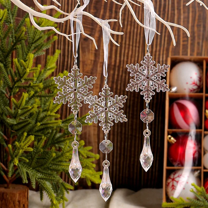 Crystal Clear  Snowflake Christmas Tree Pendants  Icicle Decorations For Holiday Winter Transparent Hanging Ornament