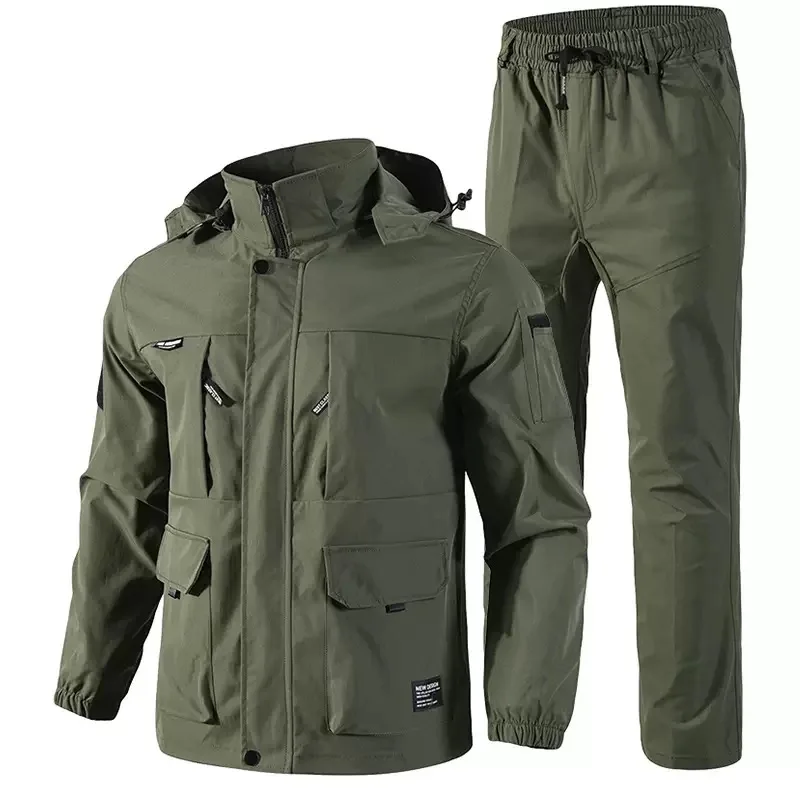 Autumn and Spring Fashion Solid Color Outdoor Sports Warm Waterproof Windbreaker Suit Men's Casual Loose Plus Size Two-piece Set