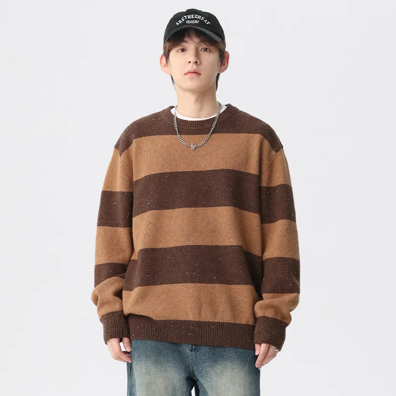 Autumn Winter Design Stripes Splicing Color Collision Round Collar Pullover Sweater Men Loose Warm Knit Sweater