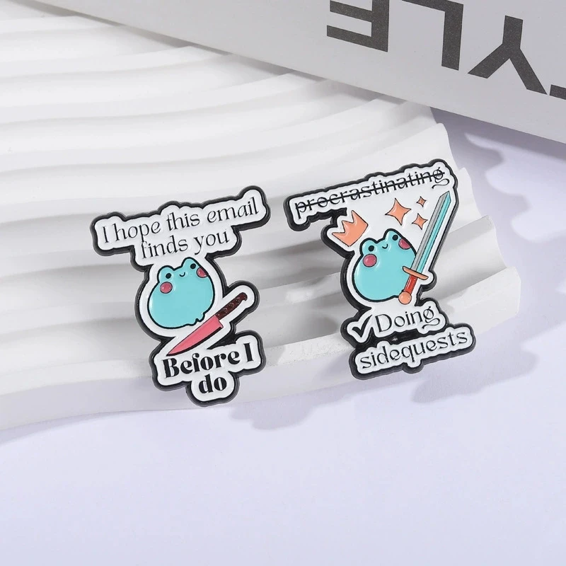 Cartoon Cute Frog Brooch Holding Sword Star Element Envelope Design Pin Funny Slogan Badge