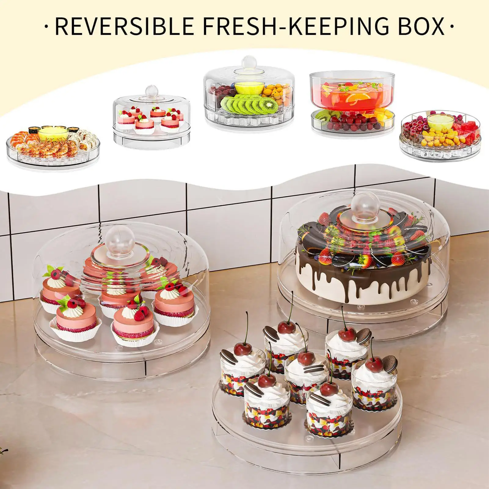 Chilled Serving Tray with Lid Cold Food Buffet Server Food Storage Dish for Vegetable Fruit Snack Clear Dessert Platter