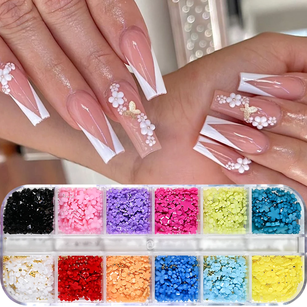 12Grid Colorful Acrylic Flower Nail Art Charms 3D Spring Summer Petal Blossom Rhinestones with Caviar Beads Manicure Decoration