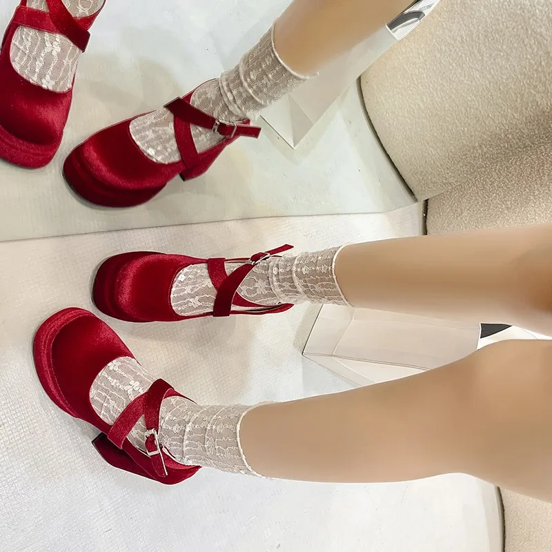 Lolita Shoes Women Heels Round Toe Super-high Mary Janes Chunky Heels Platform Elegant Trend High Quality Fashion Pink