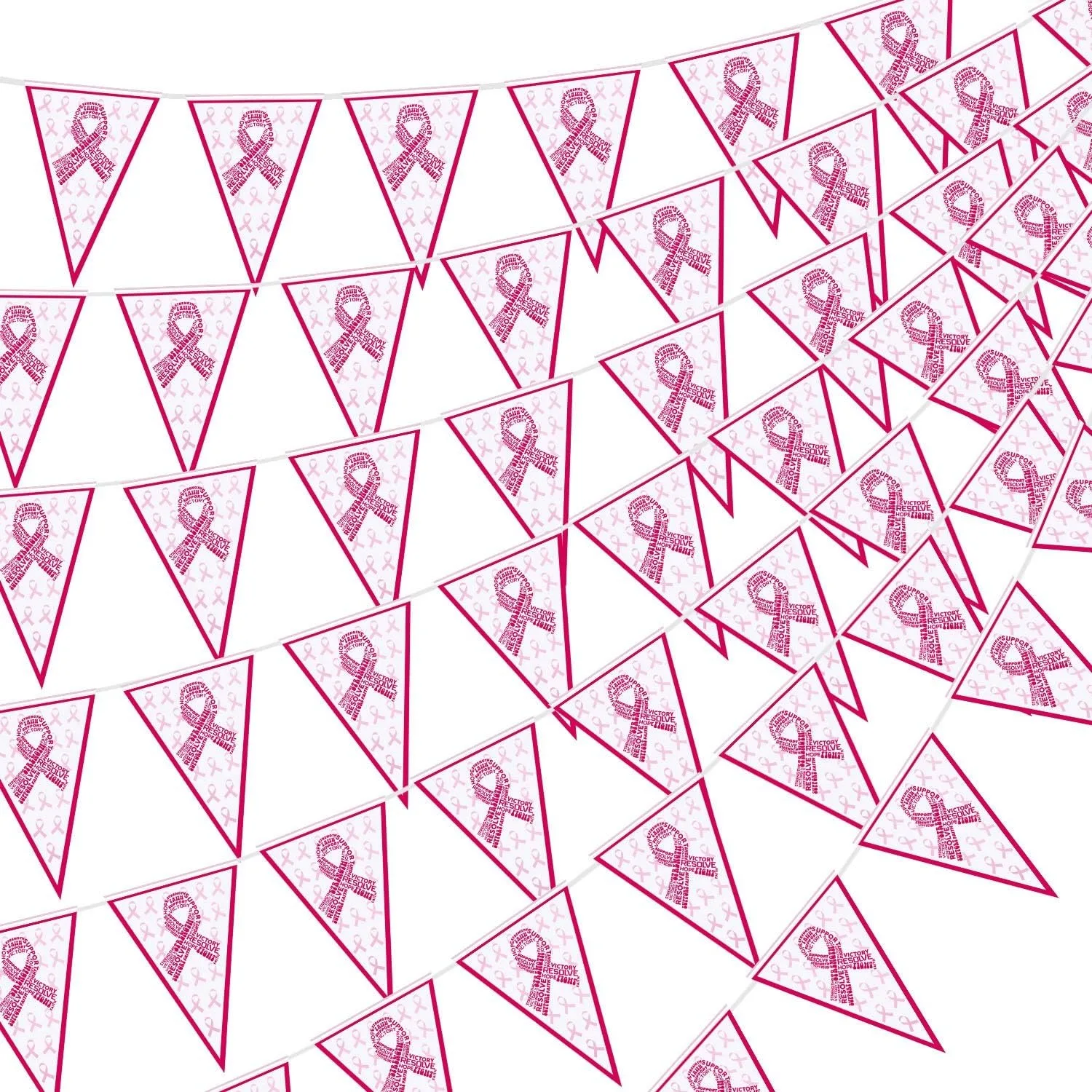 157 Feet Pink Ribbon Pennant Banner Breast Cancer Awareness Pink Ribbon Banner Hope Faith Strength Courage Banner Porch Sign Bac