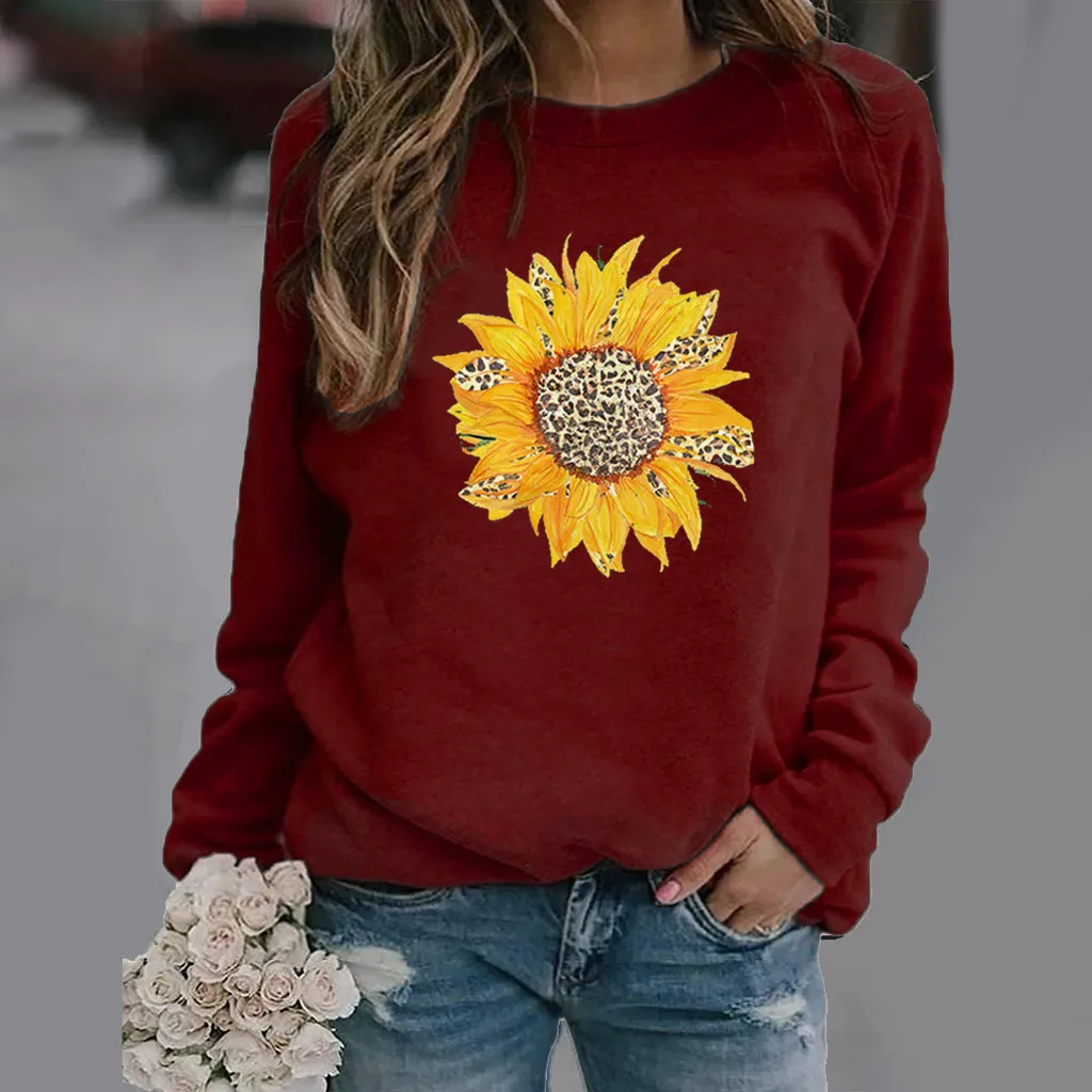 Pull à col rond imprimé tournesol pour femme, sweat à capuche à manches longues, t-shirt pour femme, chemisier pour femme, automne, hiver