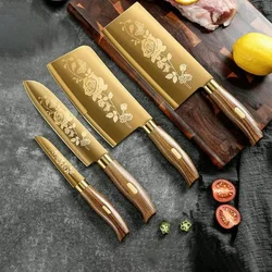 Set Combination Sharp high hardness stainless steel blade Gold plated titanium Kitchen Chef knife set TB9195