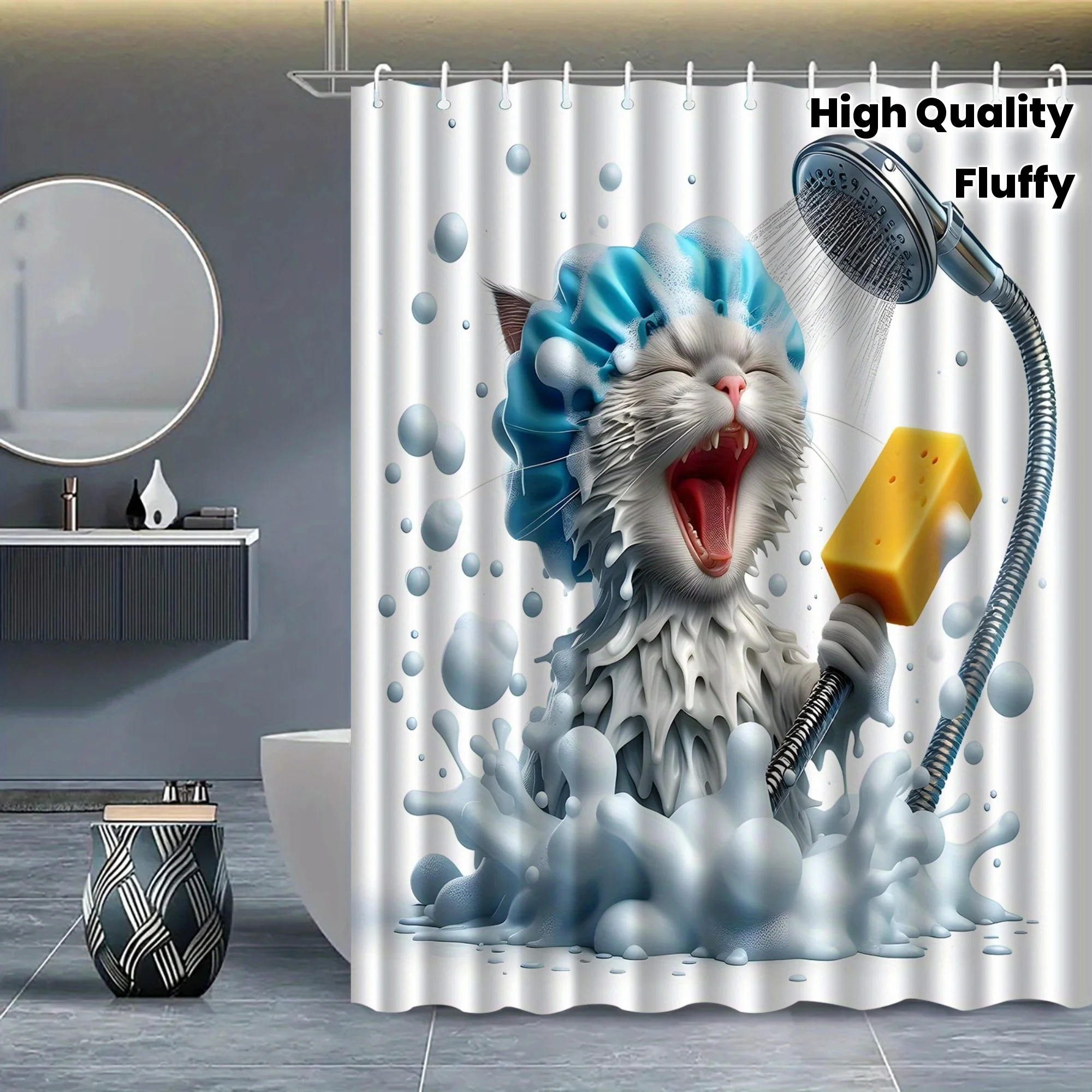 

Funny Cat Taking Shower With Soap Shower Curtain Humor Animal Art Bathroom Decor Unique Pet Print Waterproof Bath Curtain