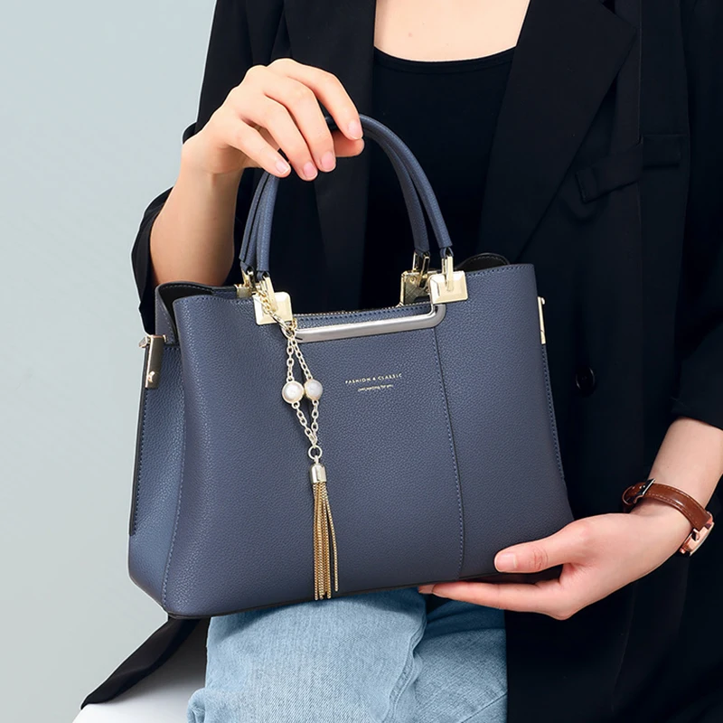 

Женские изящные современные сумки-кроссбоди премиум-класса, женские роскошные сумки с жемчужной подвеской, модные синие сумки-тоут из натуральной кожи