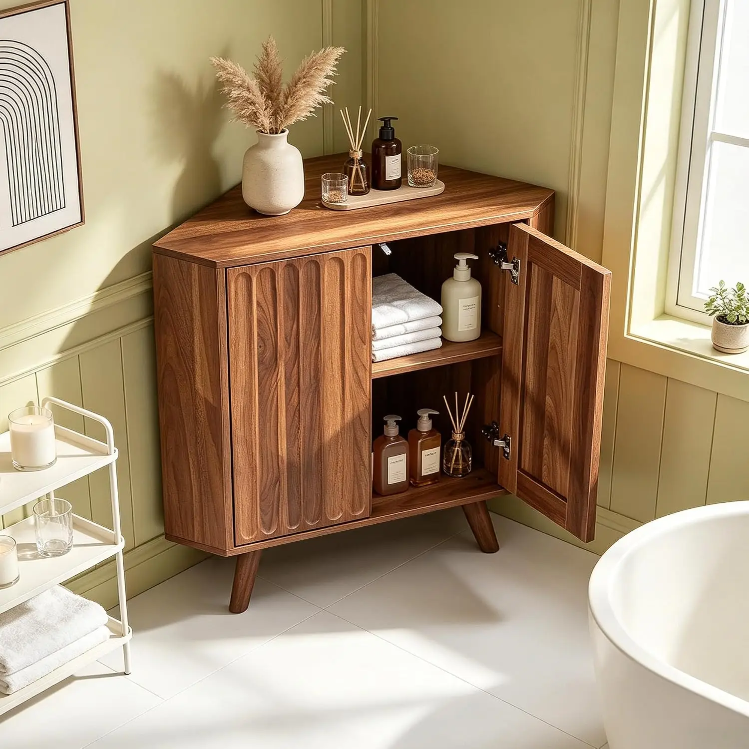 Small Corner Storage Cabinet Fluted Design Walnut Finish Space Saving Living Room Bedroom Entryway, Customized