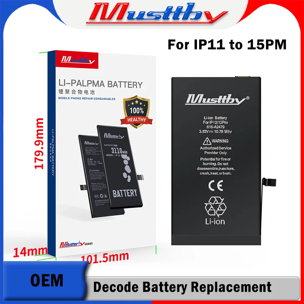 

Musttby 5pc100% Capacity BMS Soldering Free Battery For iPhone 11 12 13 14 15 Pro Batteria No Need Programmer Non Pop-up Message