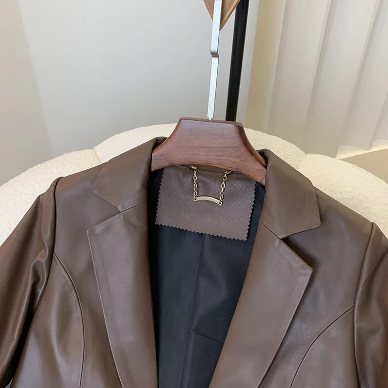 Chaqueta de cuero auténtico para mujer, abrigo elegante de piel de oveja auténtica, un botón, ajustado, cuello de traje, abrigos versátiles, 2024