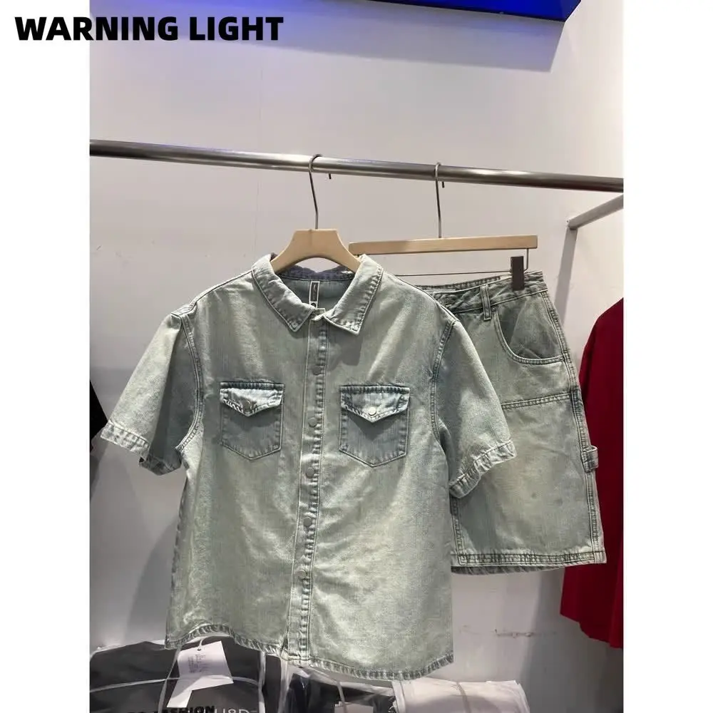 New American retro washed old denim shirt men's summer loose and versatile suit