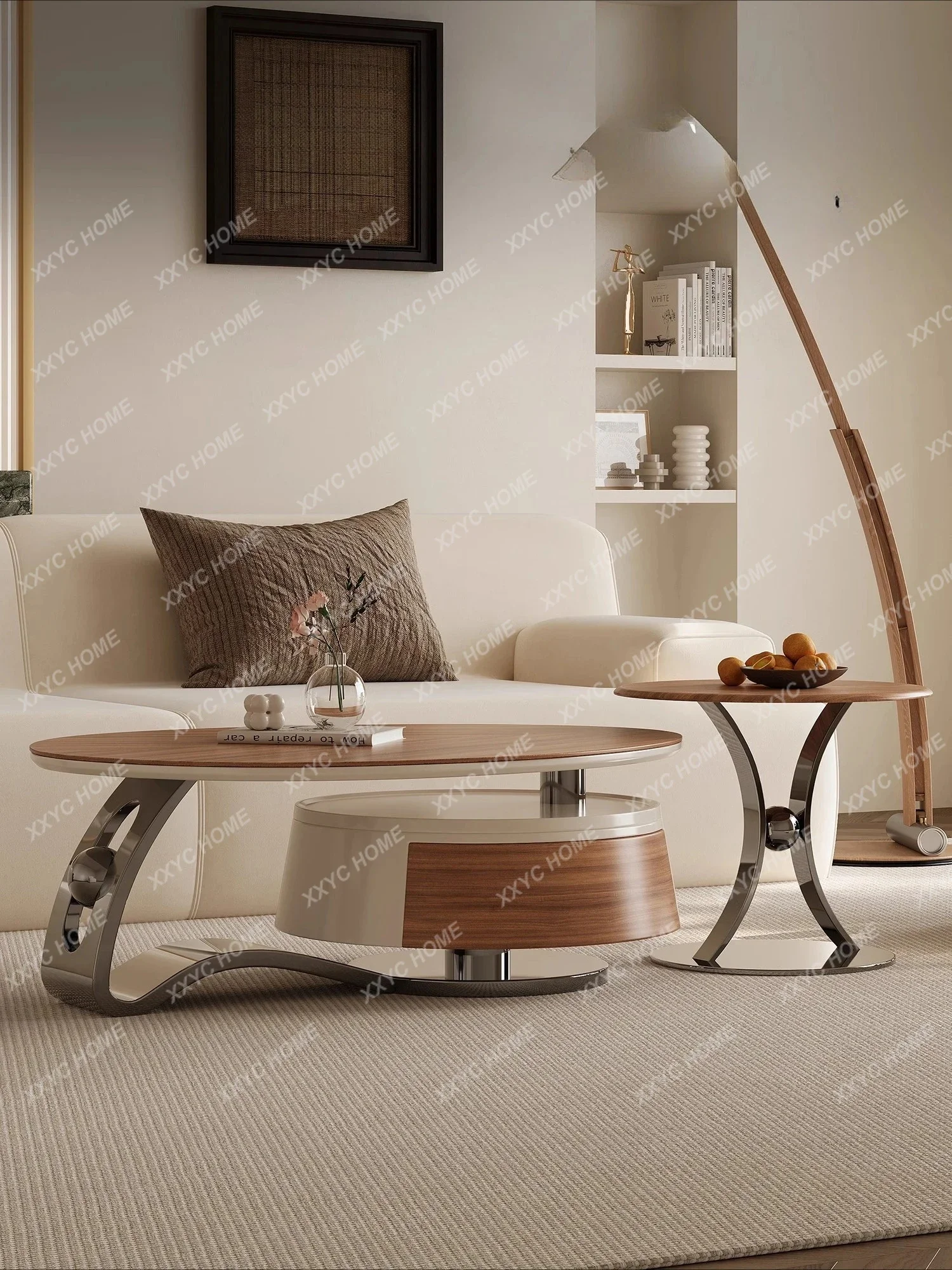 special-shaped coffee table combination light luxury stainless steel slate walnut leather living room household small apartment