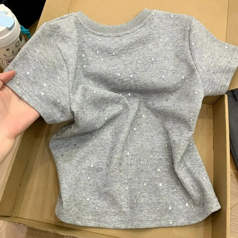 Chic Star Rhinestone Sequins Short Sleeve T-Shirt Women's Summer Gray Short Korean Style Casual Chic Female Top Clothing