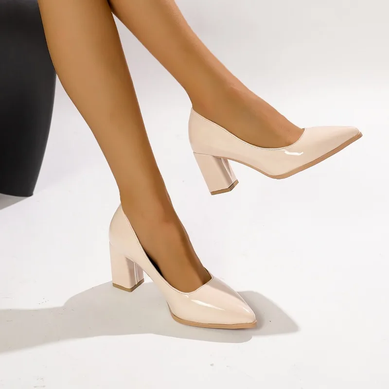 

2025 New Square Heels Pumps Women Shoes Patent Leather Sexy Wedding Party Super Big Size
