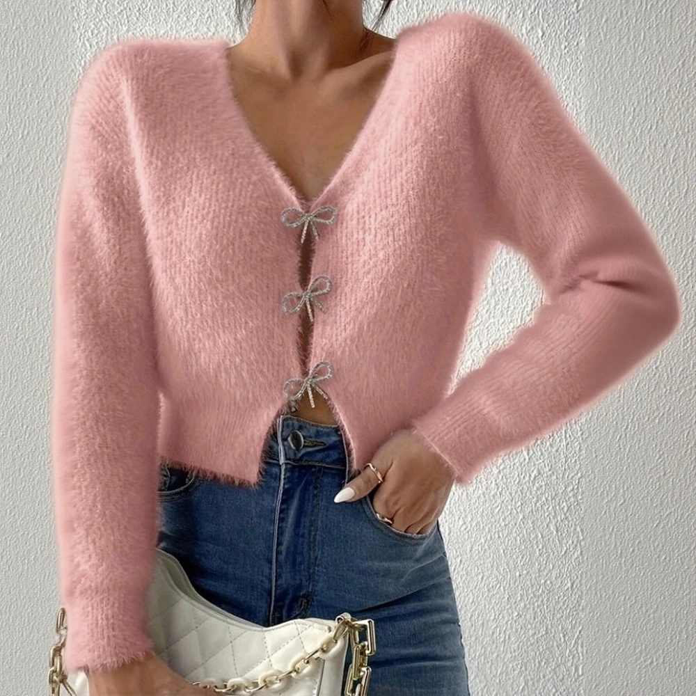 

Women's Elegant Long Sleeve V-Neck Sweater Autumn Slim Fit Plain Bow Button Design for Dating