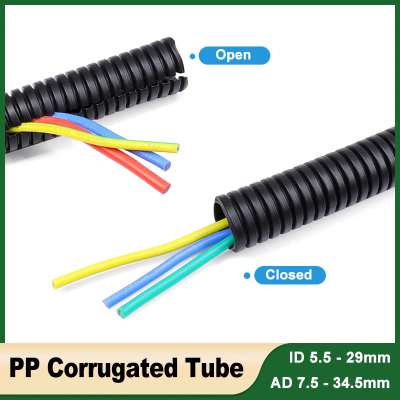 1 ~ 10M Corrugated Tube PP Insulated AD 7.5/10/11.6/13/28.5/34.5mm for Wire Cable Harness Threading Protection Split Loom Sleeve