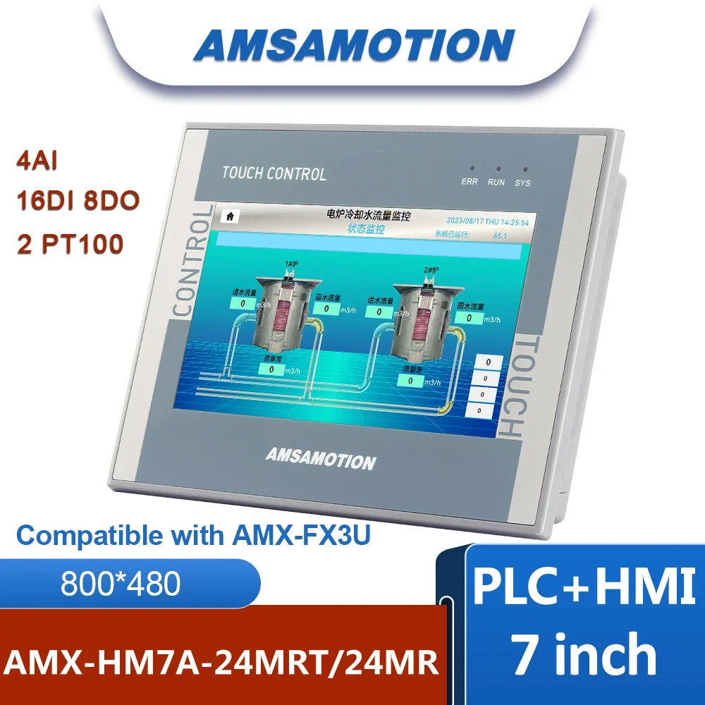 AMSAMOTION 7'' Inch HMI PLC All-in-One Machine AMX-FX3U Controller Ethernet Monitor 16DI 8DO 4AI 2AO 2PT100 Touch Screen CNC GX