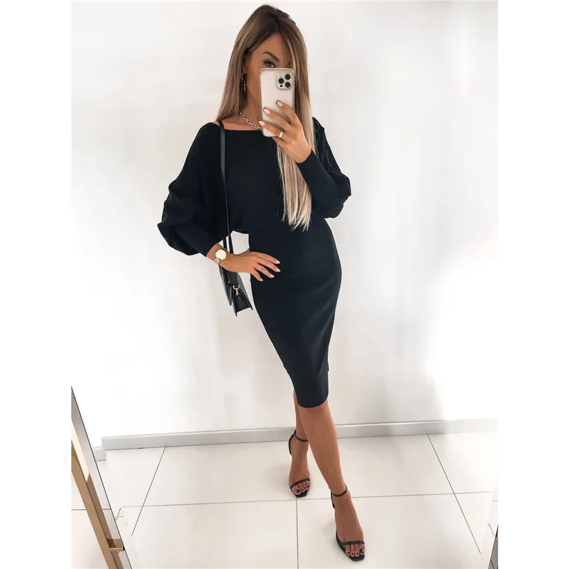 Women Autumn Winter 2024 Knitted Party Midi Dress Solid Office Lady Pullover Bodycon Slim Long Sleeve Sexy Sweater Dress