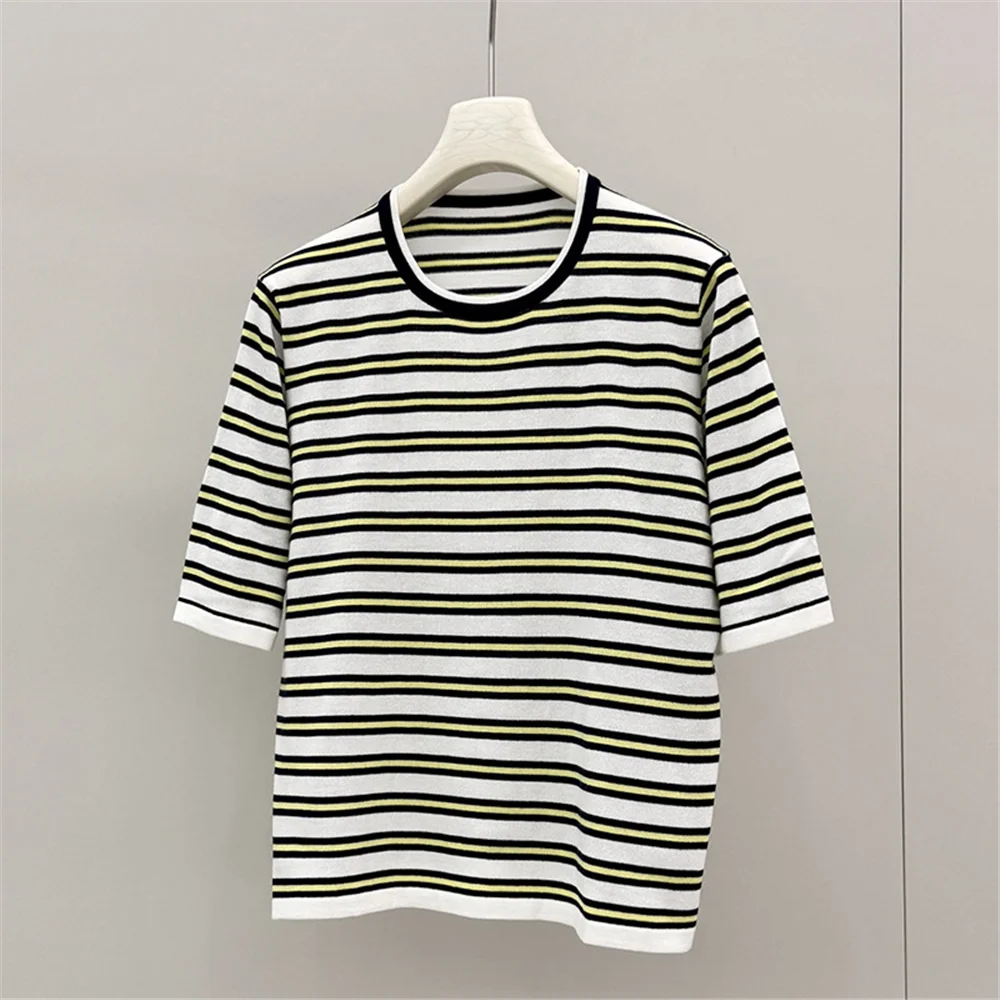 

2026 Summer Women's Casual Knit Top Stripes Lightweight Versatile Short-Sleeve
