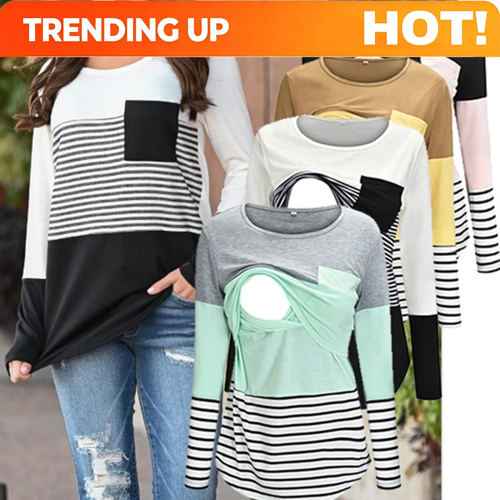 Fashion Pregnant Women Stiching Color Breastfeeding Nursing T Shirts Casual Loose Long Sleeve Tee Tops For Maternity