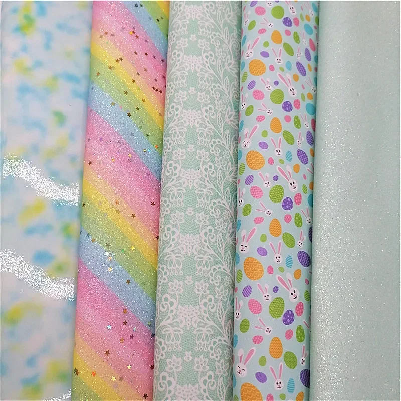 Rainbow Stripes Shimmer Glitter Leather Sheets Flowers Bunnies Easter Eggs Printed Faux Leather Fabric Sheets For Bow DIY FZ603E