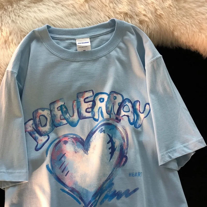 المرأة Y2K الشارع بارك رسالة طباعة قصيرة الأكمام الرجعية كبيرة تي شيرت المعتاد رداء علوي فضفاض مستديرة الرقبة الحب المرأة تي شيرت