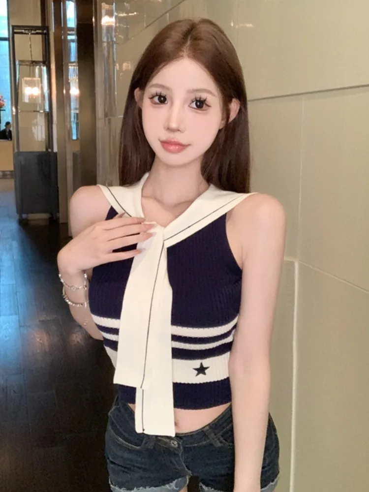 Korean Girl Fashion Casual Y2K Slim Fit Knitted Tank Top For Women Summer Small Fragrant Blue And White Striped Sweater Pullover