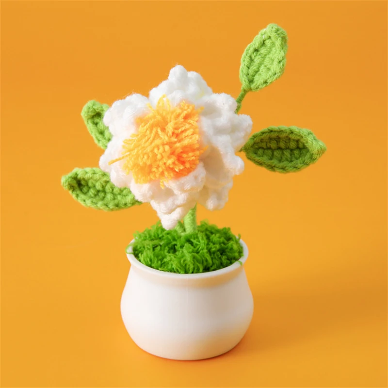 Wool Knitted Gardenia Small Potted Wild Camping White Dining Table Party Eternal Flower Decoration Simulation Flower