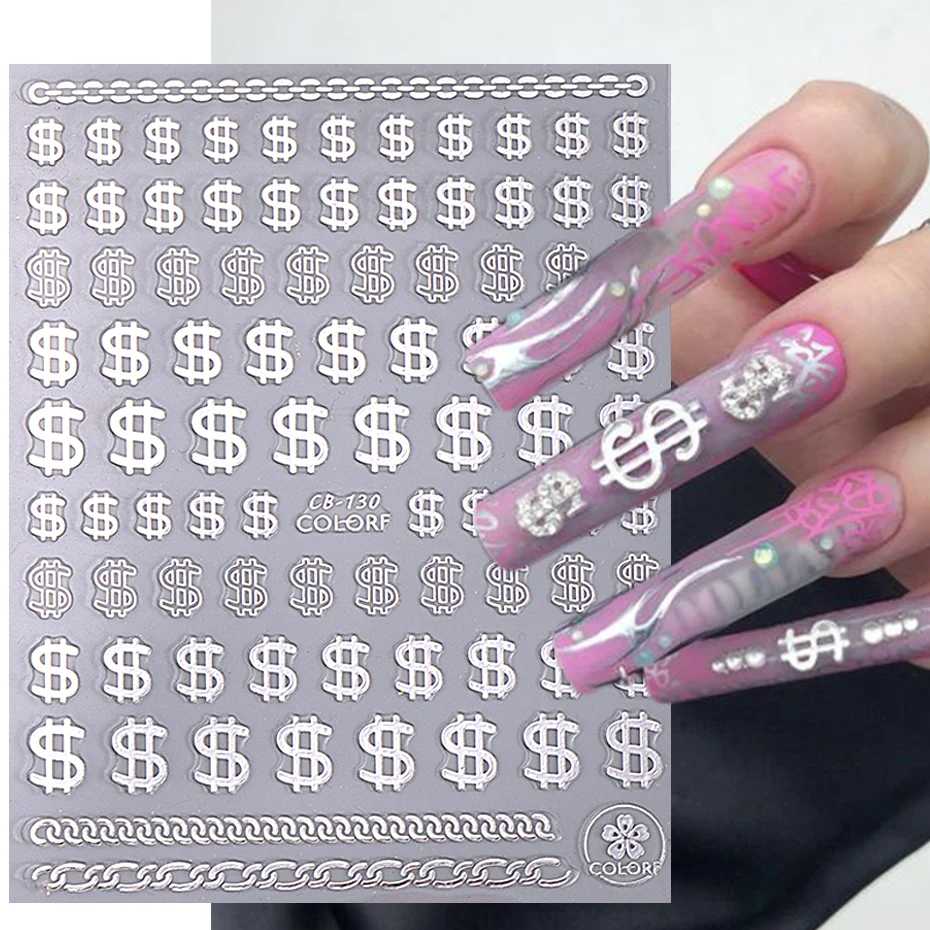 Metallic Dollar Sign Nail Stickers Black White Gold Silver 3D Currency Unit Symbol Decal Sliders DIY Holographic Nail Decoration