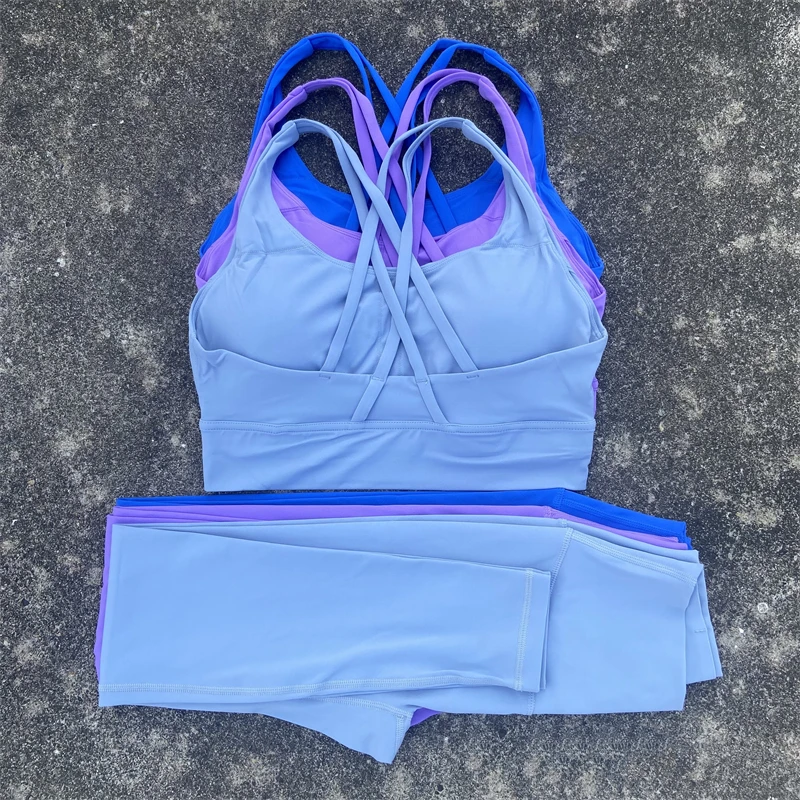 

Yoga Set 2 Piece Gym Sports Set Women Workout Clothes Fitness Suit Cross Straps Bra Top High Waist Legging Running Tracksuit