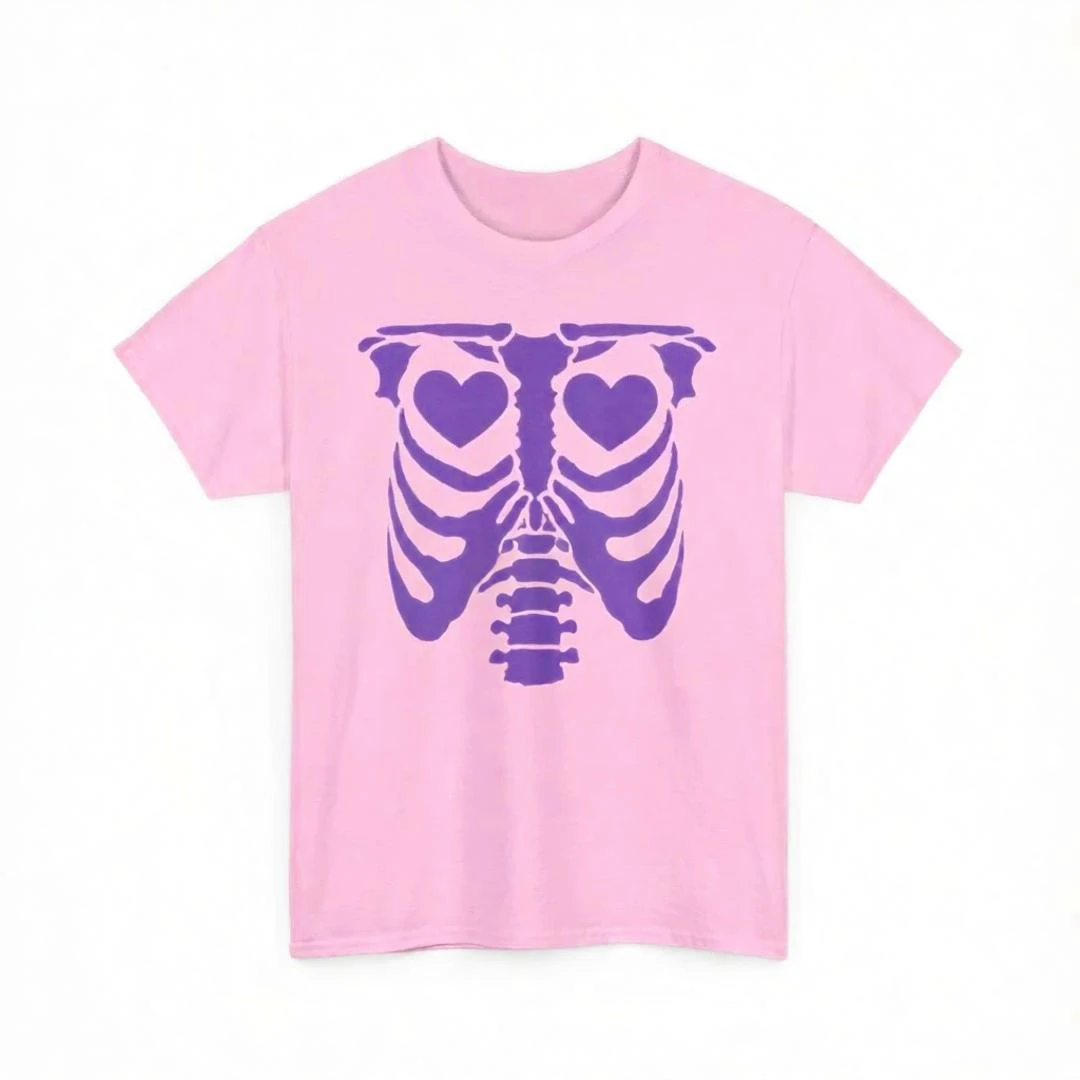 Rosa Rippen-Skelett-Fledermaus-Print Damen Oversized T-Shirt Halloween Pastell Goth Stil Kleidung Kawaii Streetwear Top Damen Herren T-Shirt – Detail 11