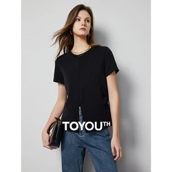 TOYOUTH Women T shirt 2024 Spring New Split Hem O Neck Slim Sexy Tees Diagonal Buckle Design Short Sleeve Tee Tops Black