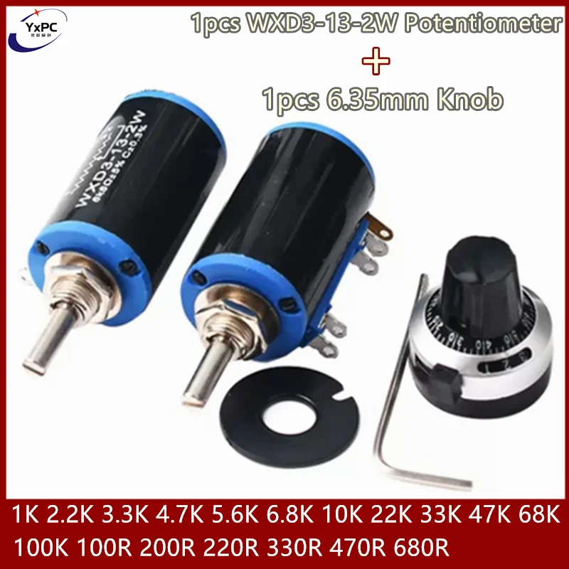 1pcs WXD3-13-2W+1pcs 6.35mm Knob Potentiometer 100R 200/220/470/680 ohm Rotary switch 10K 47K 68K 100K 1K 2.2K 4.7K 5.6K 6.8K